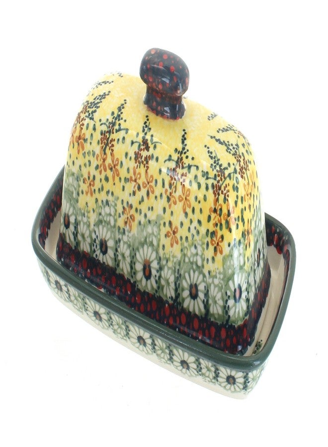Blue Rose Pottery طبق زبدة من الخزف البولندي "بلو روز" - طبق زبدة "يلو سانشاين غروتو" - يتسع لقطعة زبدة واحدة - طبق زبدة لتنظيم وتخزين الزبدة على سطح الطاولة - Image 1