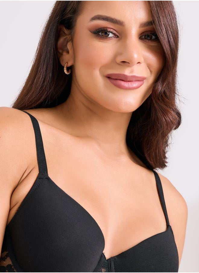Styli - Pack of 2 - Essentials Padded Wired Cotton Lace Insert Plunge Bra - Image 1