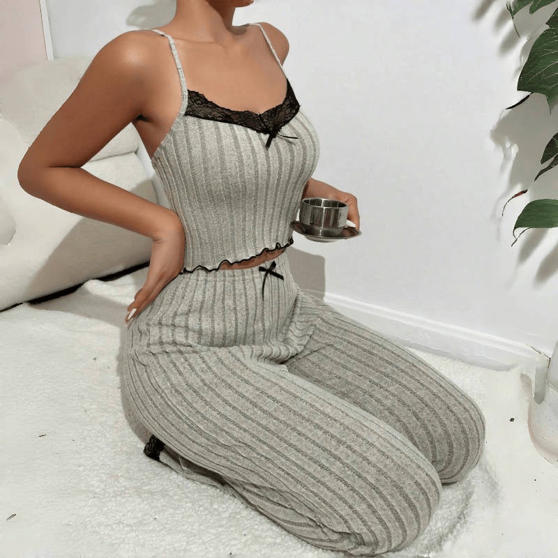 Heart Strap Top  Lounge Pants Set Grey