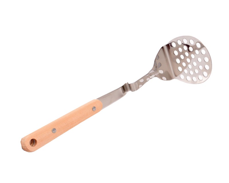 Kitchen Utensil Stainless Steel Perforated Spoon with Wooden Handle, Large Skimmer Ladle - Image 1