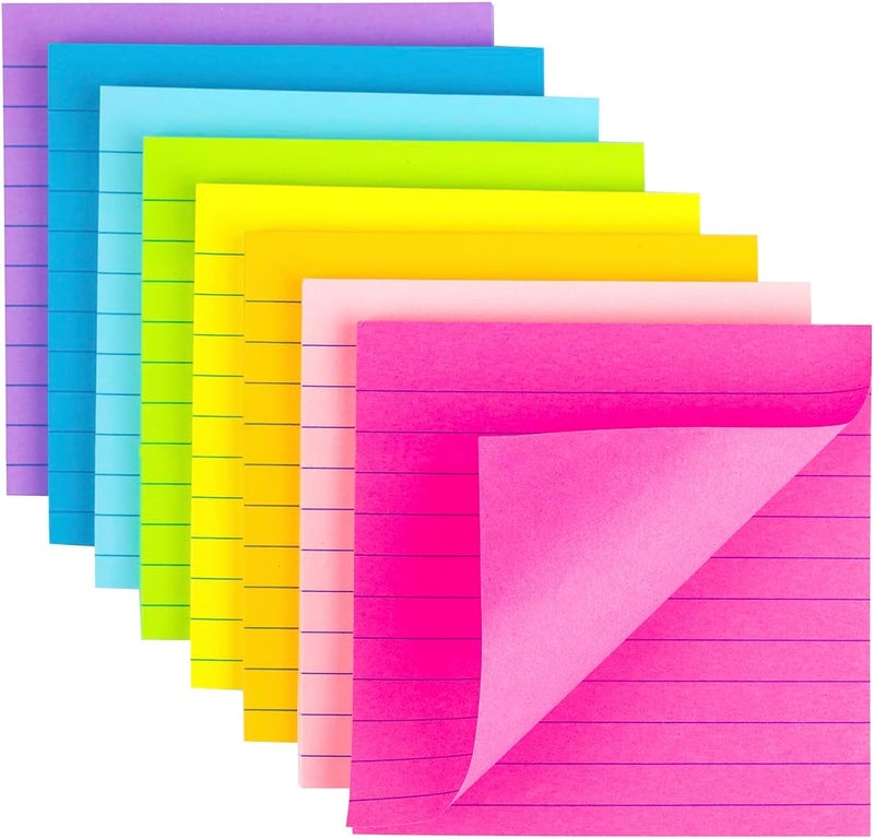 Kozerite (8 Pack) Lined Sticky Notes 4x4 Bright Stickies Colorful Super Sticking Power Memo Pads, 8 Colors, Strong Adhesive - Image 1