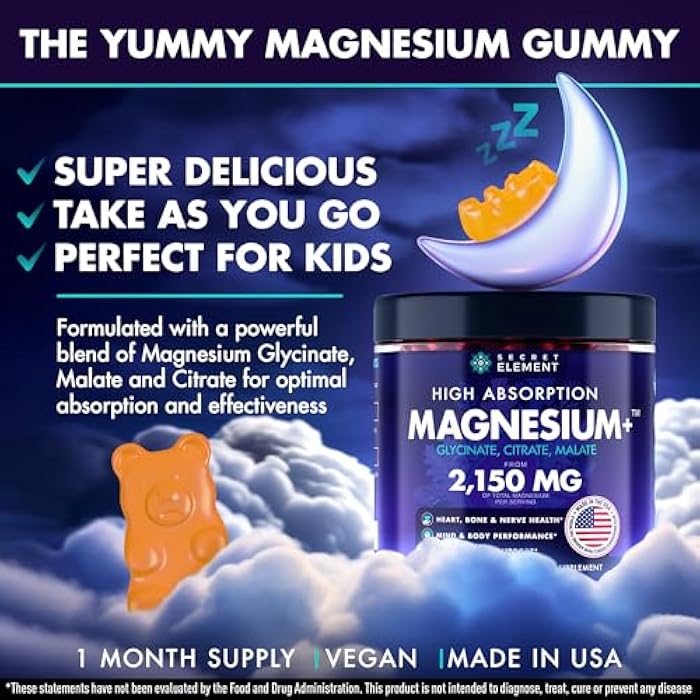 Secret Element Magnesium Glycinate 2150MG Gummies for Women and Men, High Absorption Magnesium Glycinate, Citrate, Malate Gummies for Adults & Kids, Sleep Support, Sugar Free, Vegan, 60 Chews, Orange - Image 2