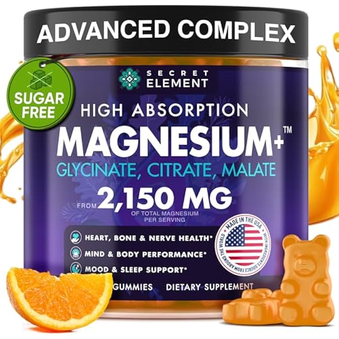 Secret Element Magnesium Glycinate 2150MG Gummies for Women and Men, High Absorption Magnesium Glycinate, Citrate, Malate Gummies for Adults & Kids, Sleep Support, Sugar Free, Vegan, 60 Chews, Orange - Image 1