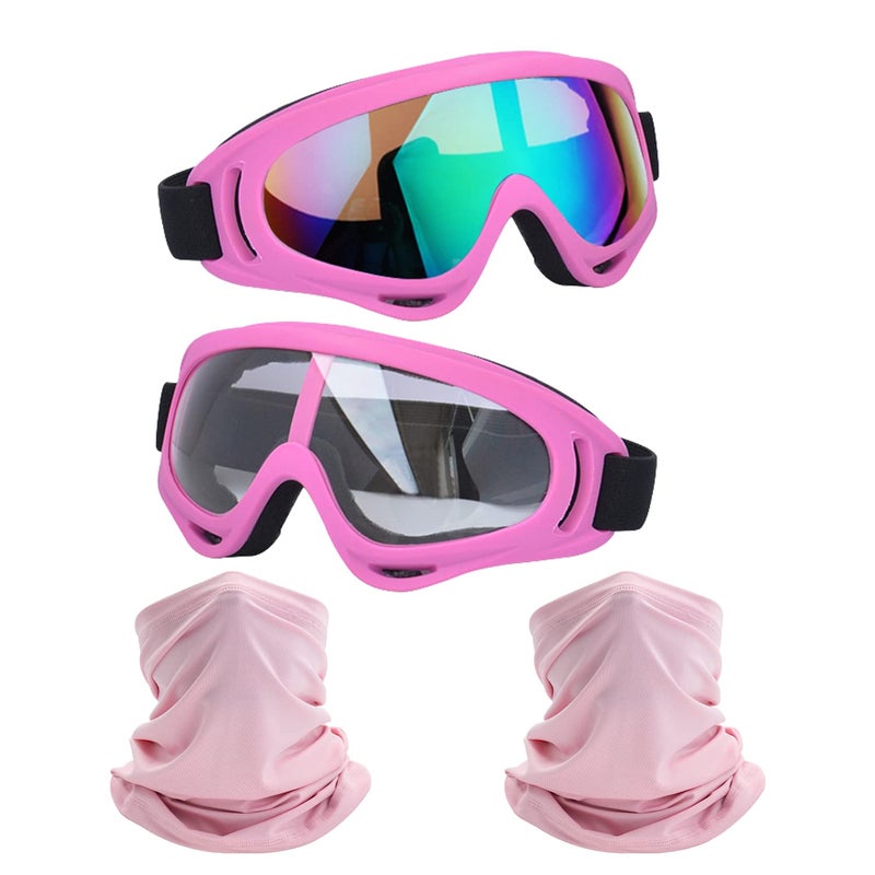 LJDJ Motorcycle Goggles,2 Pack Dirt Bike ATV Motocross Riding Hiking Protective with 2 Pack Neck Breathable Bandana Mask (Pink+Mask) - Image 1