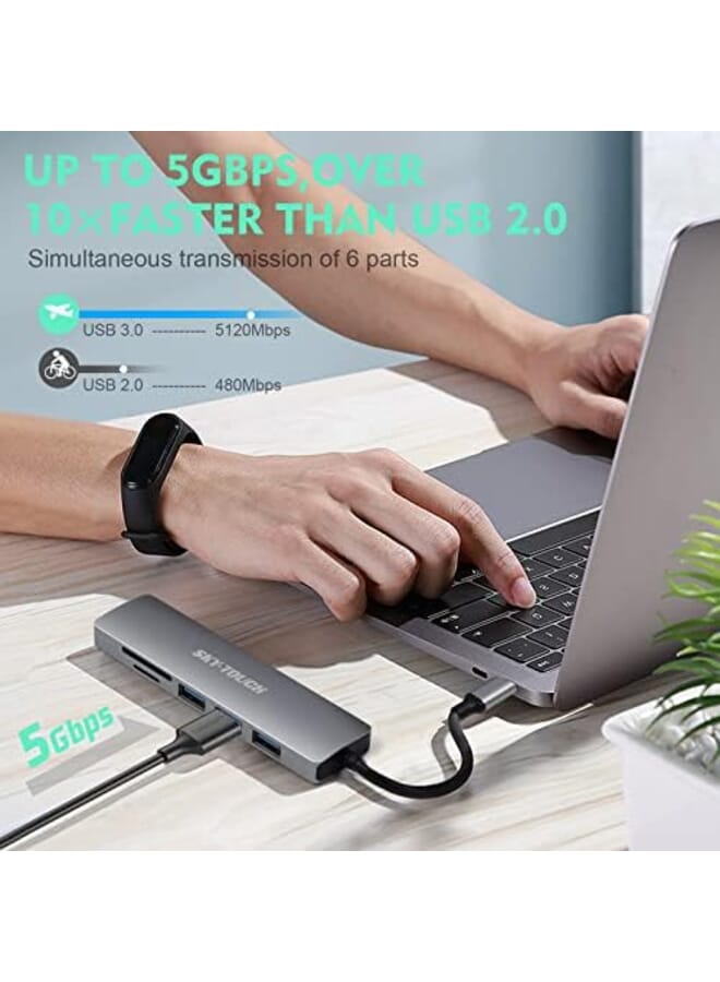 SKY-TOUCH Usb C Hub Multiport Adapter 6 In 1 Portable Space Aluminum Dongle With 4K Hdmi Output 3 Usb 3.0 Ports Sd Micro Sd Card Reader Compatible For Macbook Pro Xps More Type C - Image 3
