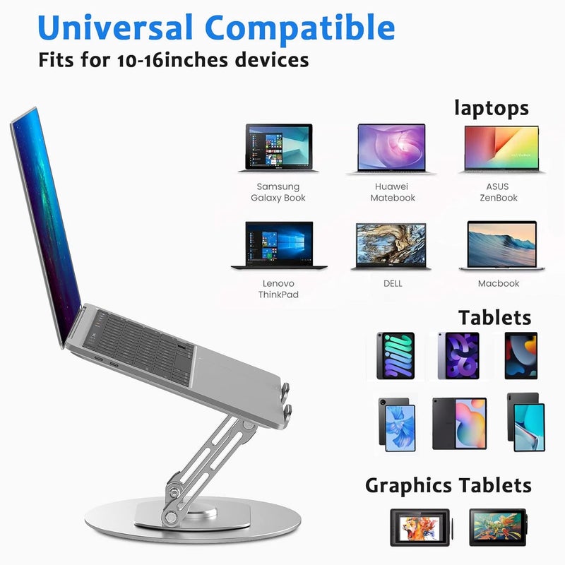Mercase Adjustable Laptop Stand with 360 Rotating BaseFoldable Laptop Riser for Desk Compatible with MacBook ProAir Notebook 10 to 16 Inches Sliver - Image 2