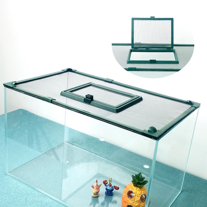 Maguesh Magnetic Fish Tank Cover with Feeding Window Green Frame Grey Fiberglass Mesh, DIY Fish Tank Lid for Preventing Fish from Jumping Out and Reptile Escaping Adjustable Size Fit Tank Size Max 35''X19'' - Image 1