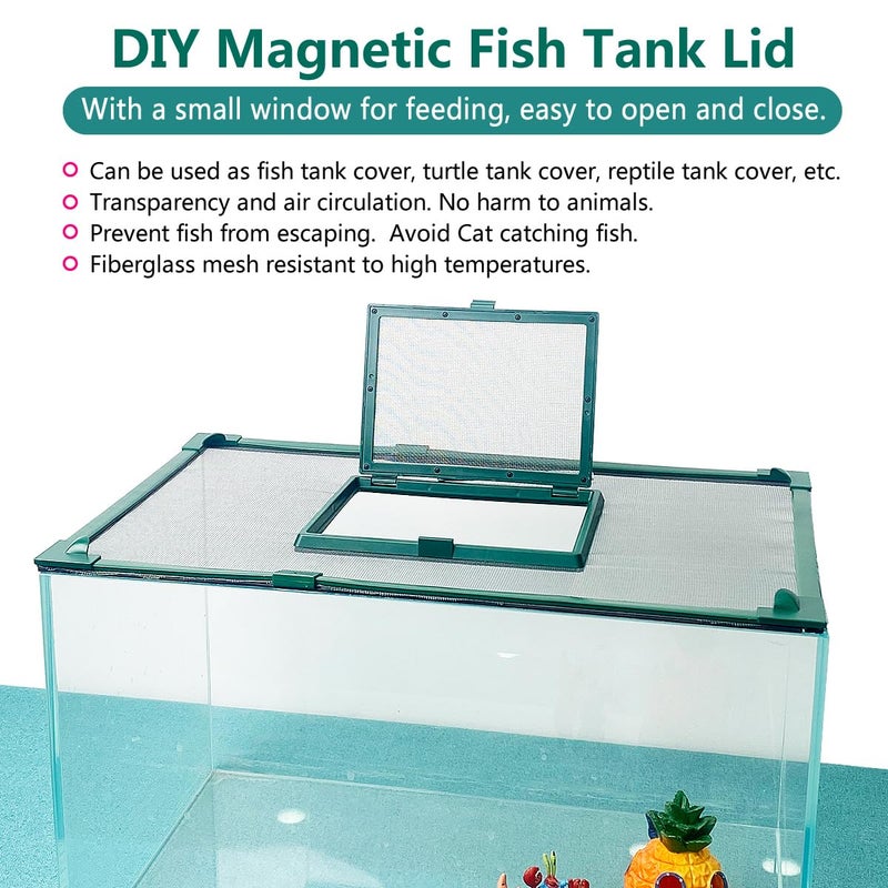 Maguesh Magnetic Fish Tank Cover with Feeding Window Green Frame Grey Fiberglass Mesh, DIY Fish Tank Lid for Preventing Fish from Jumping Out and Reptile Escaping Adjustable Size Fit Tank Size Max 35''X19'' - Image 2