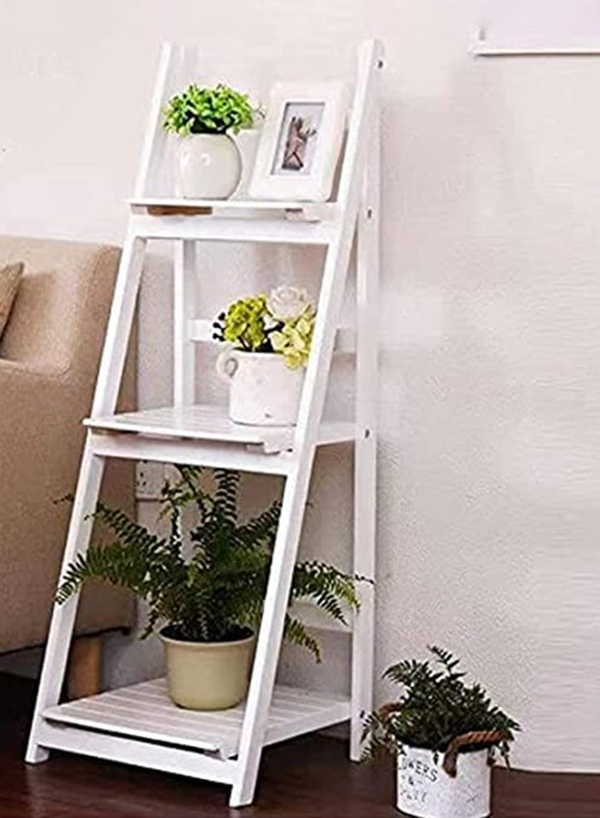 HOME TASTE Hometaste 3 And 4Tier Wooden Ladder Shaped Foldable Flowers Stand - Garden Balcony Standing Plant Rack - Decorative Display Stand Holder - Flower Shelf For Indoor/Outdoor (White (3 Floor)) 