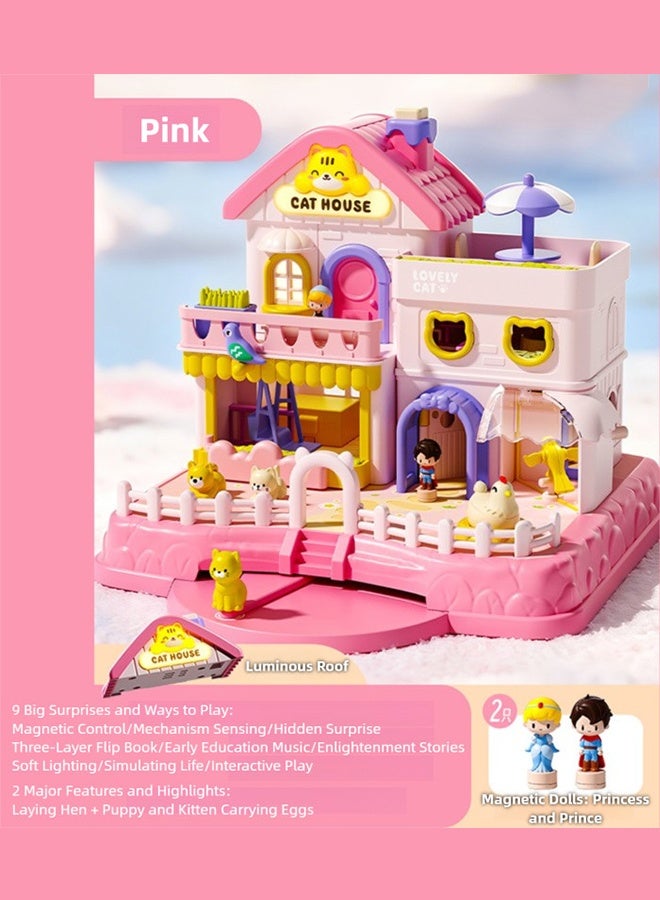 Magnetic Cat Cafe Villa Dollhouse Playset for Girls 3+ - DIY Assembly Interactive Surprise House Birthday Gift Eid Toy for Toddlers Kids - Image 1