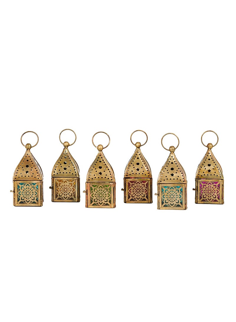 HilalFul Handmade Mini Brass Antique Style Decorative Candle Holder Vintage Lantern Set of 6 | Living Room, Bedroom, Outdoor | Home Decoration Hanging Table Top | Ramadan, Eid, Diwali, Weddings, Parties | Multicolor