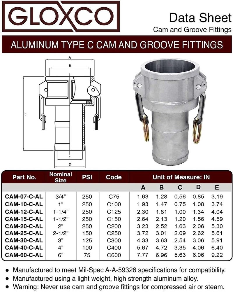 Gloxco Aluminum Type CR Cam and Groove Fitting, 2" Female Camlock x 1-1/2" Hose Shank (CAM-2015-CR-AL) - Image 5