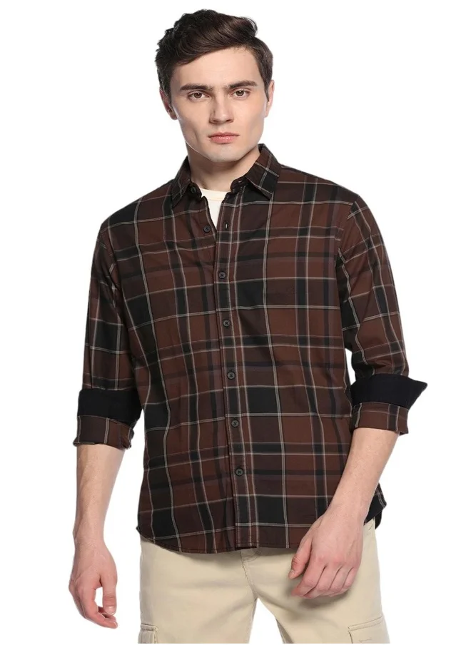 دينيس لينغو Brown Slim Fit Checks Shirt for Men - Cotton, Full Sleeves, Spread Collar, Casual