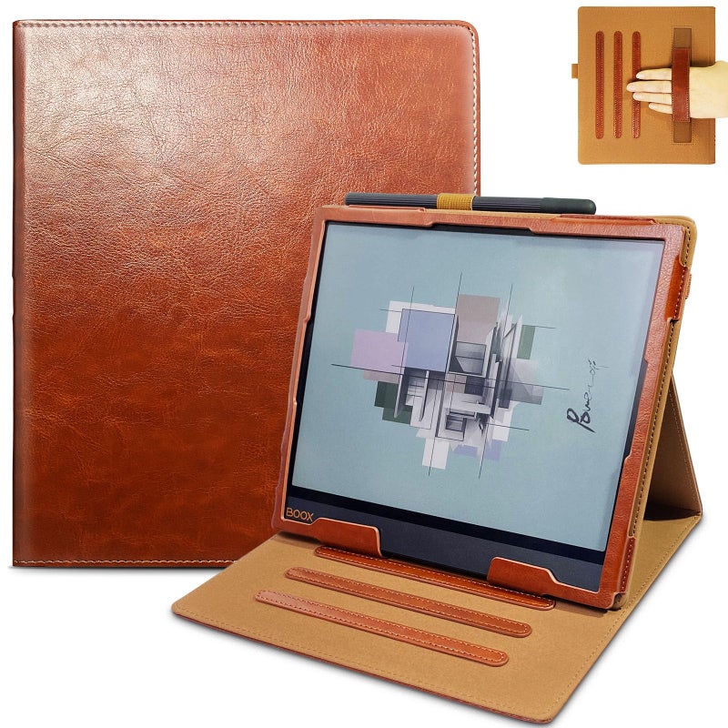 E NET-CASE حافظة E NET-CASE لجهاز Boox Note Air4 C (2024)/Boox Note Air3 C/Air3 B/W Tablet (2023)، تصميم محدث جديد بغطاء قابل للدوران 360 درجة مع حامل قلم/حزام يد، وضع السكون/الاستيقاظ التلقائي (بني) - Image 1