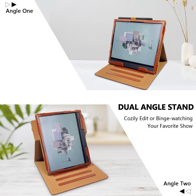 E NET-CASE حافظة E NET-CASE لجهاز Boox Note Air4 C (2024)/Boox Note Air3 C/Air3 B/W Tablet (2023)، تصميم محدث جديد بغطاء قابل للدوران 360 درجة مع حامل قلم/حزام يد، وضع السكون/الاستيقاظ التلقائي (بني) - Image 5