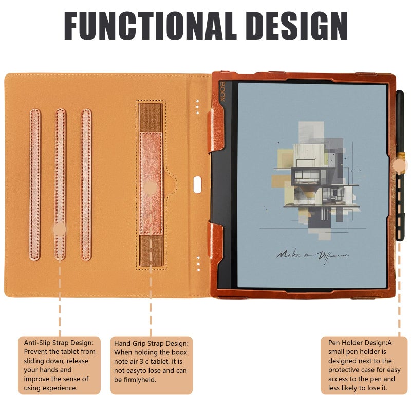 E NET-CASE حافظة E NET-CASE لجهاز Boox Note Air4 C (2024)/Boox Note Air3 C/Air3 B/W Tablet (2023)، تصميم محدث جديد بغطاء قابل للدوران 360 درجة مع حامل قلم/حزام يد، وضع السكون/الاستيقاظ التلقائي (بني) - Image 3
