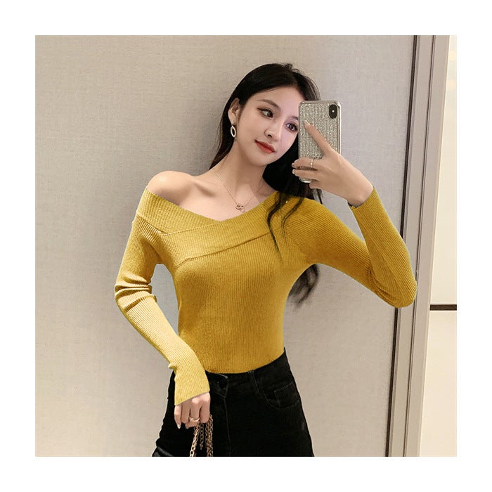 Off-Shoulder Sweater Women Slim Knit Top 2023 Autumn Winter Apricot - Image 5