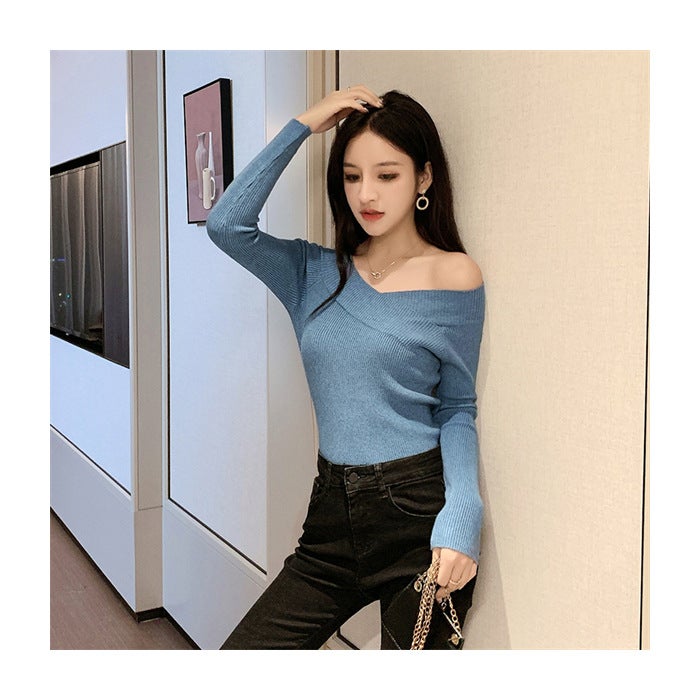 Off-Shoulder Sweater Women Slim Knit Top 2023 Autumn Winter Apricot - Image 2