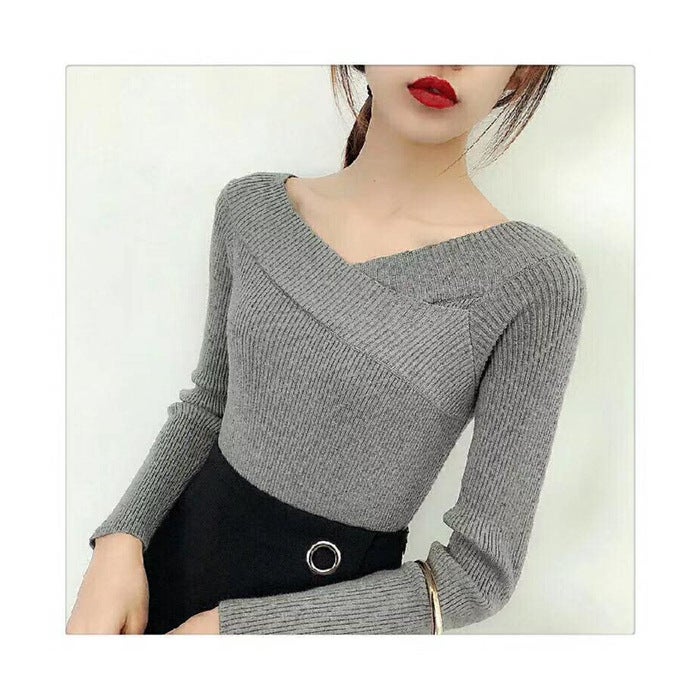 Off-Shoulder Sweater Women Slim Knit Top 2023 Autumn Winter Apricot - Image 4