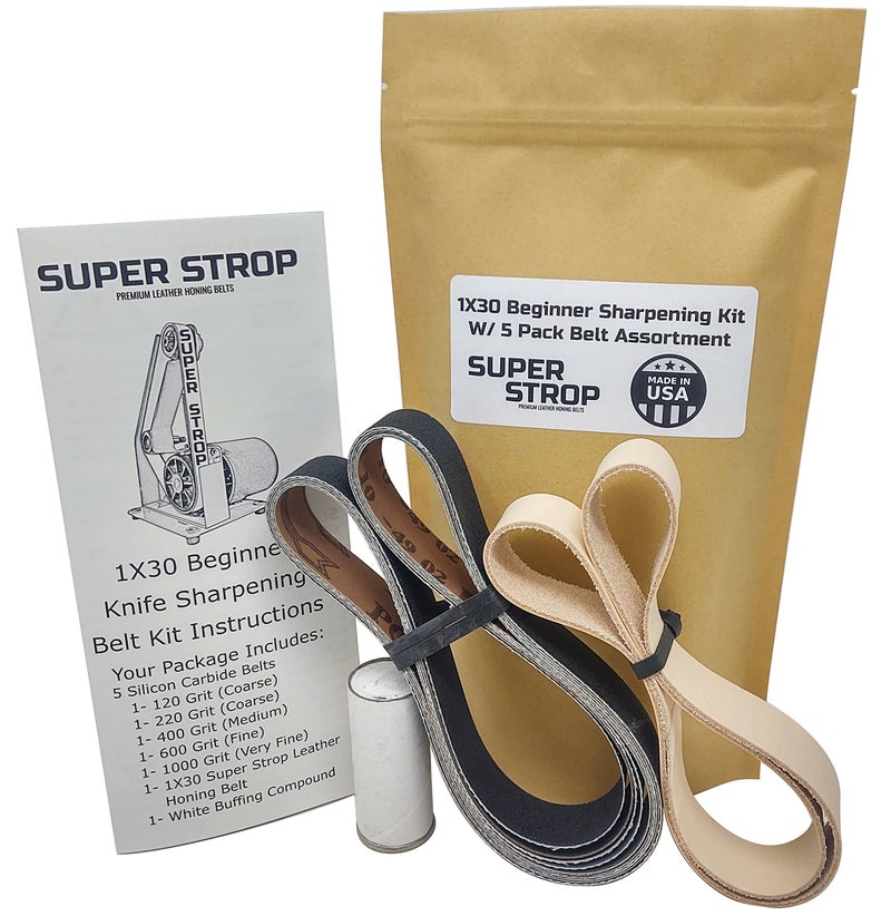 1X30 Super Strop Beginner Knife Sharpening Belt Kit W 5 Pack Sanding Belt Assortment and 1X30 Leather Honing Belt Detailed Instructions Included