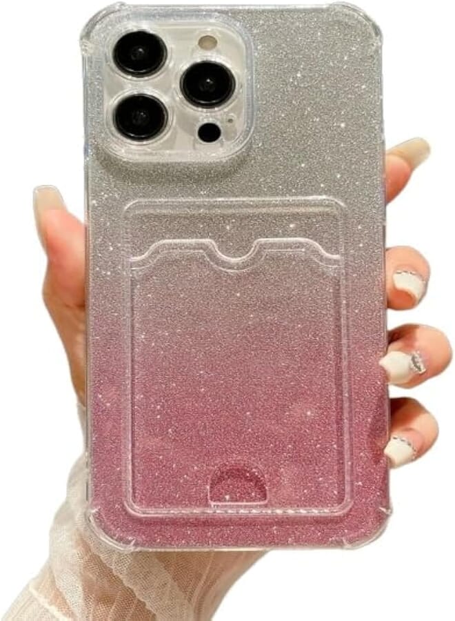 Next Next Store Luxury Card Case Cover Gradient Glitter Glitter Compatible with iPhone 15 Pro Max Shockproof Case to Protect Your Phone from Damage (Pink)