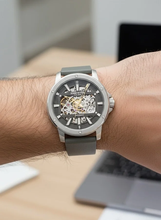 Kenneth Cole New York  Grey Dial Grey Leather Strap Automatic Watch for Men 44mm for Men | Best Price UAE