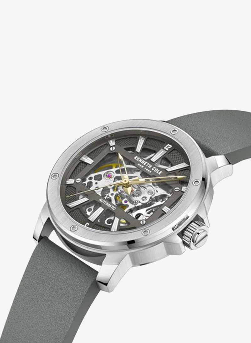 Kenneth Cole New York Grey Dial Grey Leather Strap Automatic Watch for Men 44mm