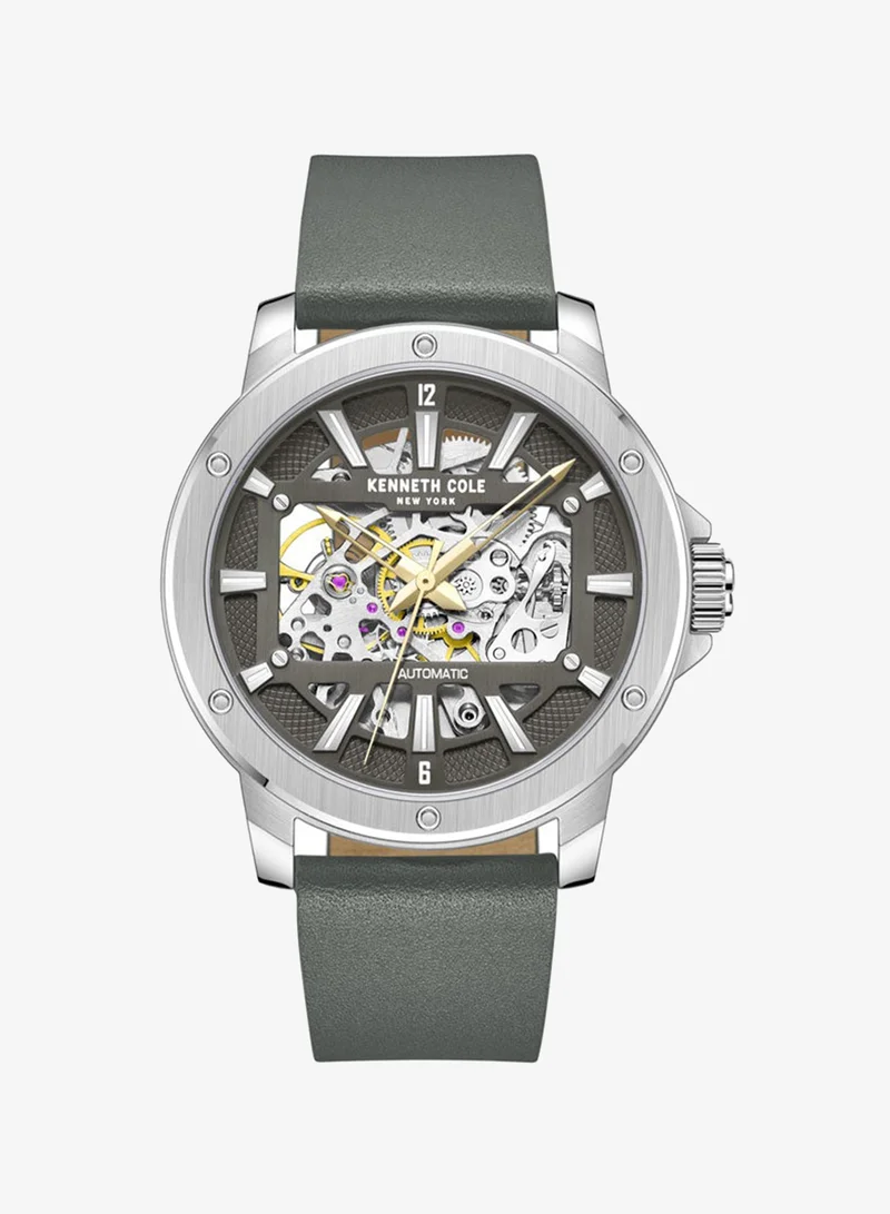 Kenneth Cole New York Grey Dial Grey Leather Strap Automatic Watch for Men 44mm