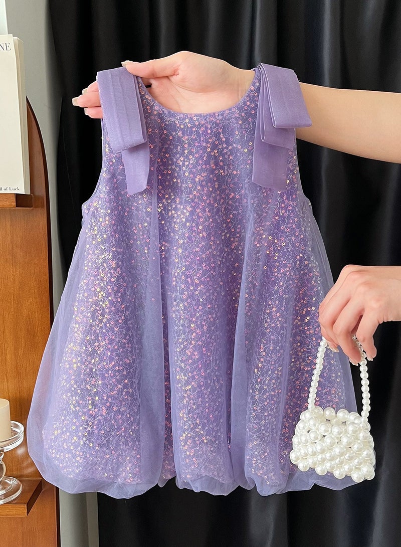 Girl's Sequined Mesh Vest Dress, Baby's Shiny Camisole Dress  - Image 1
