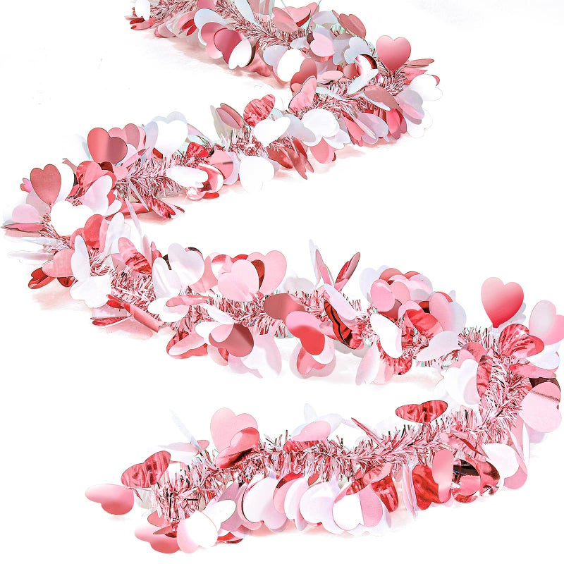 MTLEE 8 Pieces Valentine Tree Decorations Valentines Garland Shiny Heart Tinsel 656 Feet Each Metallic Tinsel Twist Garland for Mantle Tree Ornaments Wreath Wedding Party Pink