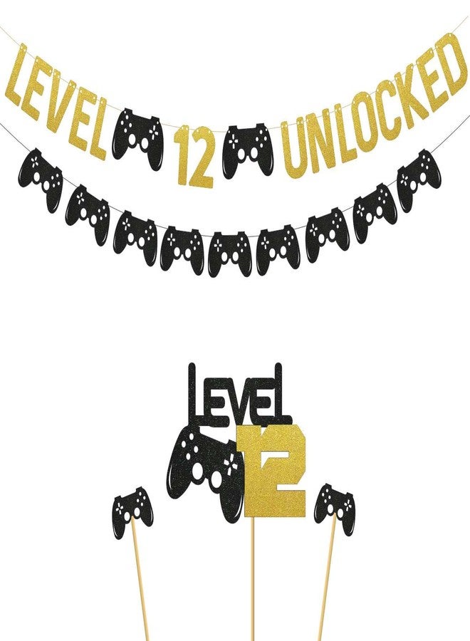 SVM CRAFT® Black Glitter Level 12 Cake Topper and banner -Level Up 12th Birthday Cake Topper and banner