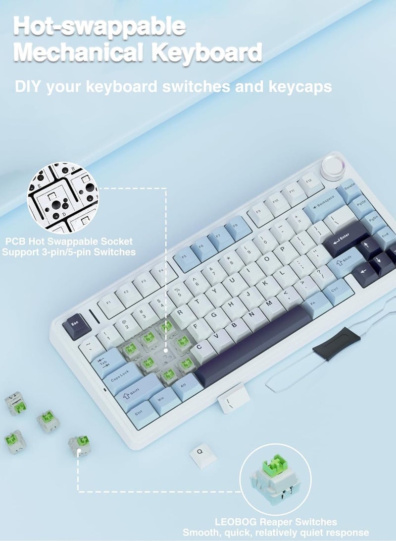 AULA F75 75% Wireless Mechanical Keyboard, Gasket Hot Swappable Custom, Pre-lubed Reaper Switches RGB Backlit Gaming, 2.4GHz/Type-C/BT5.0 Creamy (Glacial Blue) - Image 2