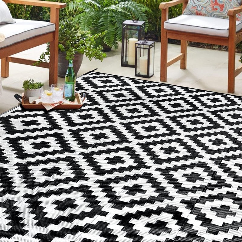 SAND MINE Waterproof Outdoor Rug 6x9 ft, Reversible Mats, Modern Area Rug, Large Floor Mat and Rug for Outdoors, RV, Patio, Backyard, Deck, Picnic, Beach, Trailer, Camping, Black & White Lattice - Image 1