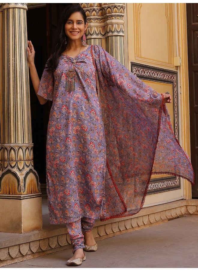AKS Couture Floral Printed Twisted Neck Regular Kurta with Churidar & Dupatta - Image 1