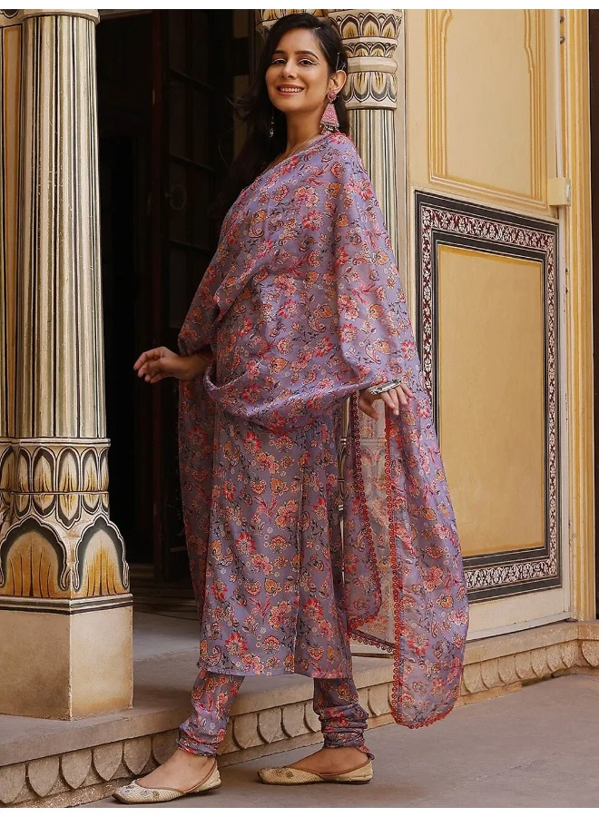 أيه كيه إس AKS Couture Floral Printed Twisted Neck Regular Kurta with Churidar & Dupatta