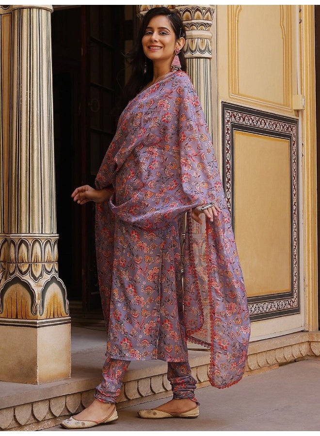 AKS Couture Floral Printed Twisted Neck Regular Kurta with Churidar & Dupatta - Image 3