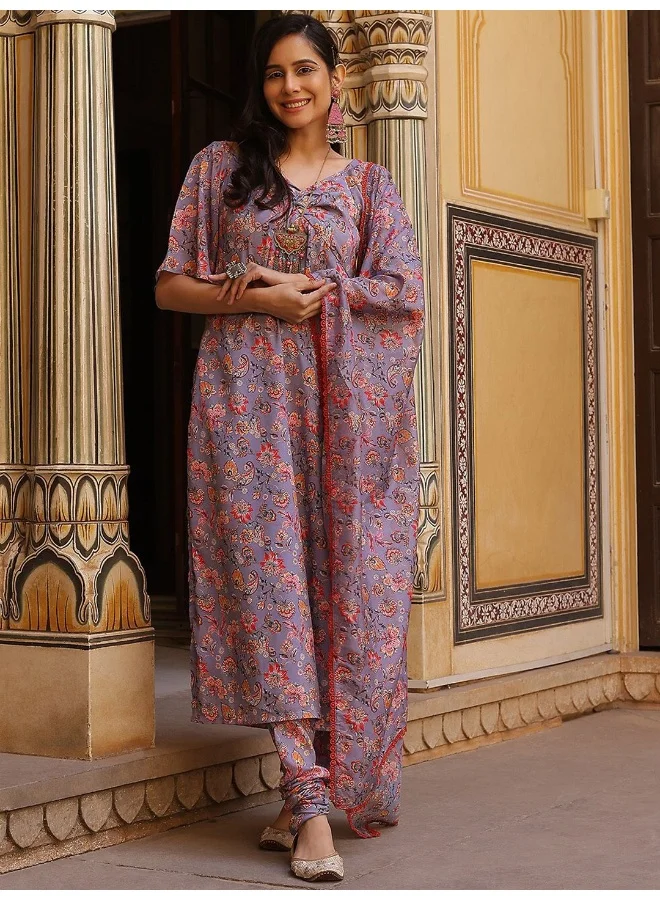 أيه كيه إس AKS Couture Floral Printed Twisted Neck Regular Kurta with Churidar & Dupatta