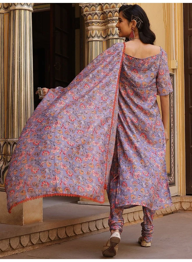 أيه كيه إس AKS Couture Floral Printed Twisted Neck Regular Kurta with Churidar & Dupatta
