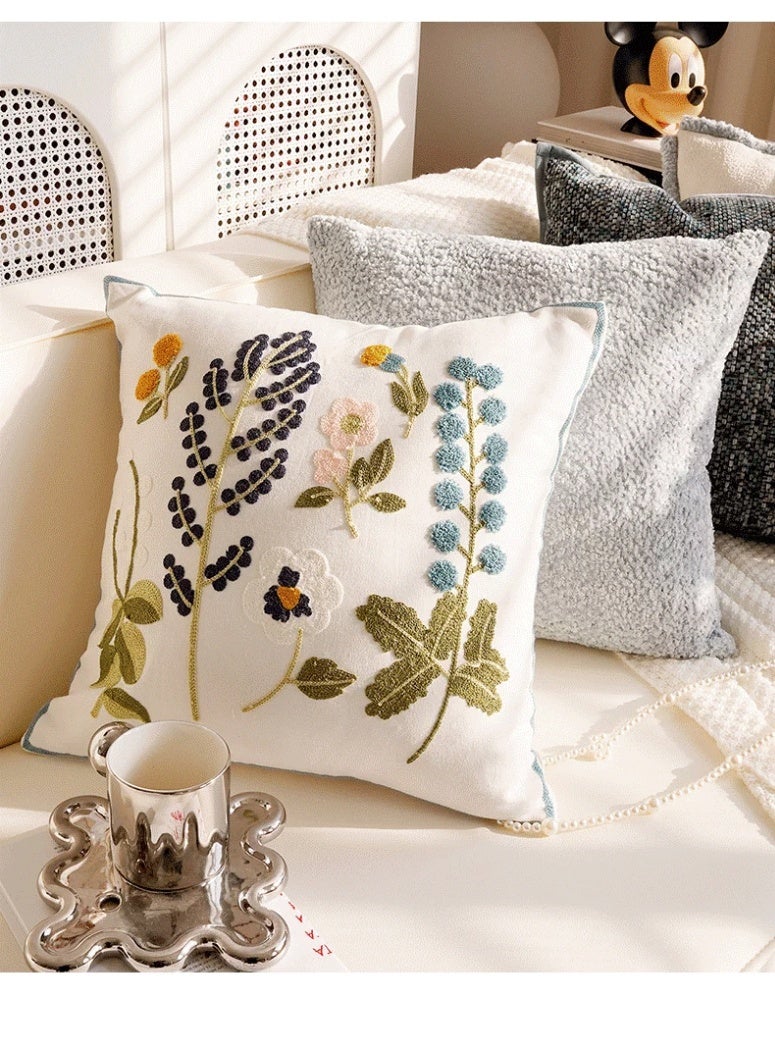 Floral Embroidered Cushion Cover, Soft Cotton Throw Pillow Case for Sofa Bed, 45x45cm, Beige - Image 1