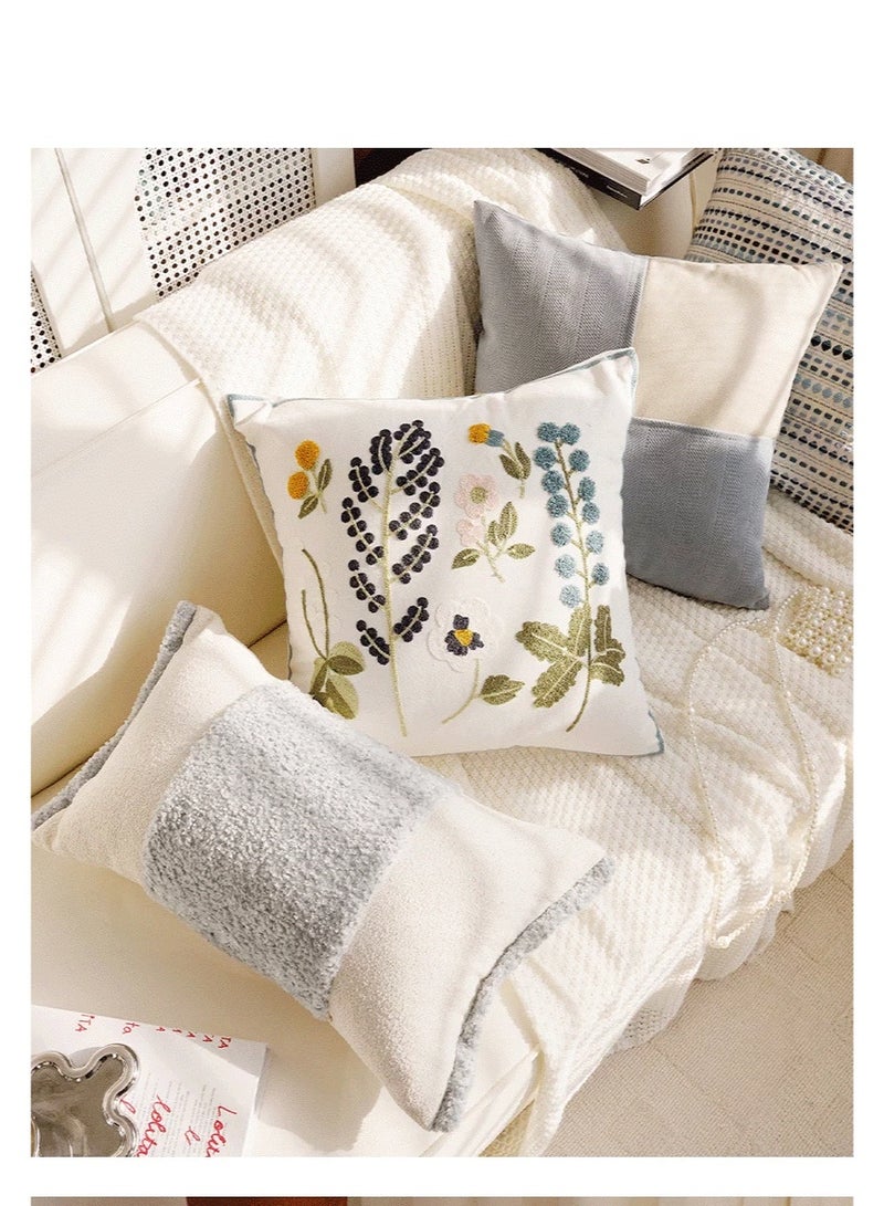 Floral Embroidered Cushion Cover, Soft Cotton Throw Pillow Case for Sofa Bed, 45x45cm, Beige - Image 3