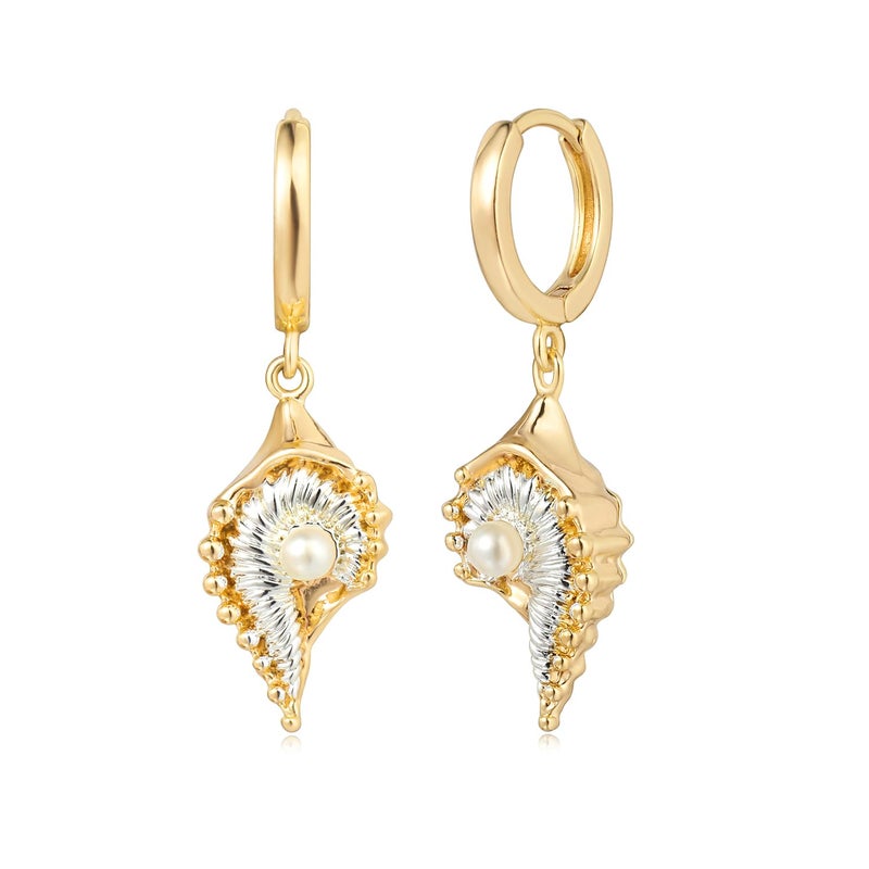 MYEARS Women Conch Shell Earrings Two-Tone Huggie Hoop Dangle Drop Pearl 14K Gold Plated Small Simple Hypoallergenic Everyday Summer Boho Beach Jewelry - Image 1