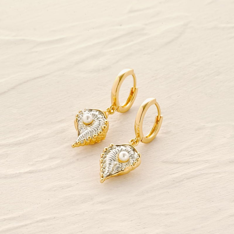 MYEARS Women Conch Shell Earrings Two-Tone Huggie Hoop Dangle Drop Pearl 14K Gold Plated Small Simple Hypoallergenic Everyday Summer Boho Beach Jewelry - Image 5