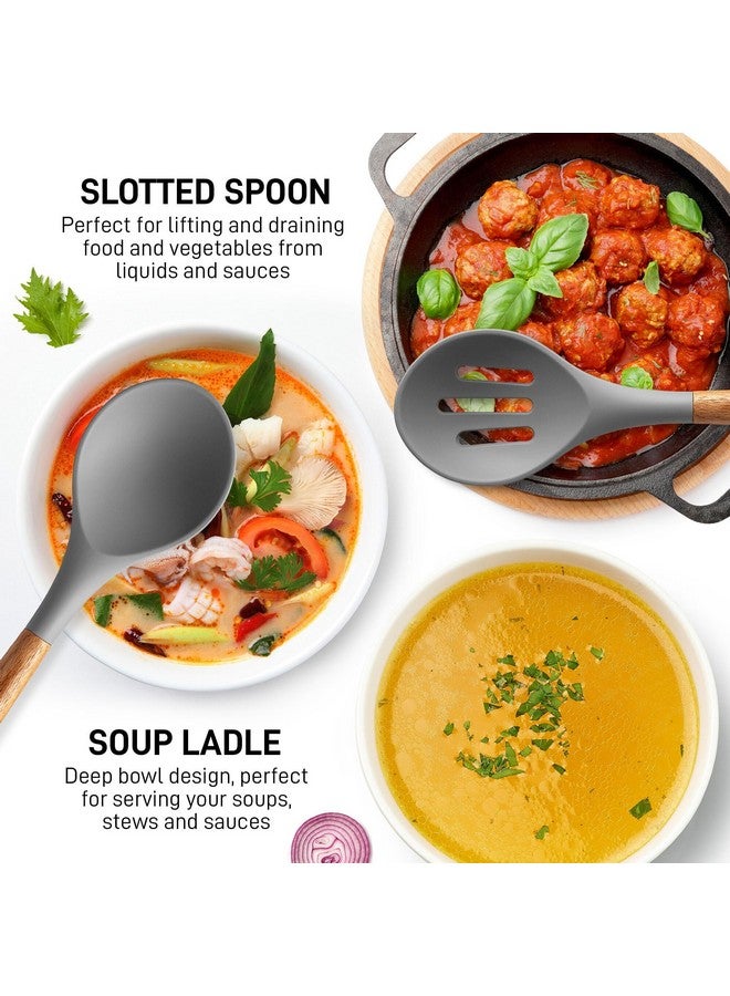 Zulay Kitchen Utensils Set Non-Stick Silicone Cooking Utensils Set with Authentic Acacia Wood Handles - 5 Piece Silicone Utensil Set - Silicone Kitchen Utensils Set with 464°F Heat Resistance - Gray - Image 4