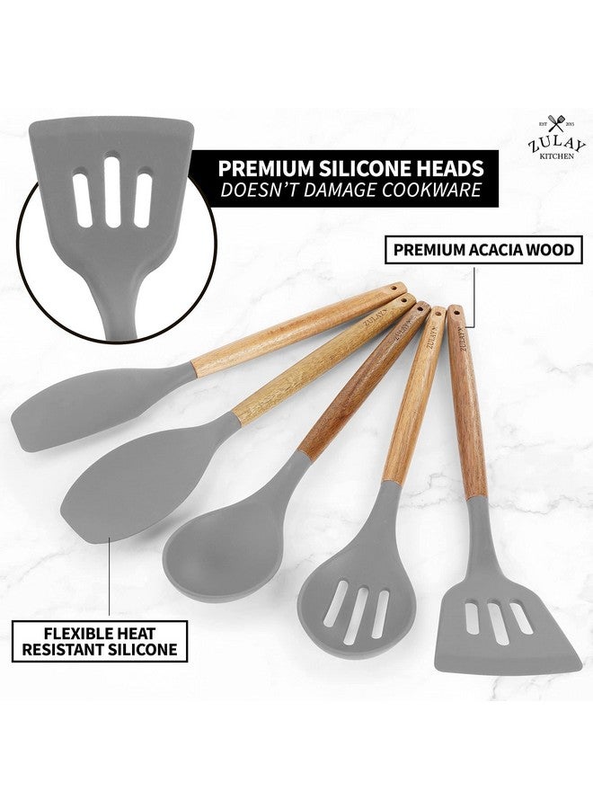Zulay Kitchen Utensils Set Non-Stick Silicone Cooking Utensils Set with Authentic Acacia Wood Handles - 5 Piece Silicone Utensil Set - Silicone Kitchen Utensils Set with 464°F Heat Resistance - Gray - Image 2