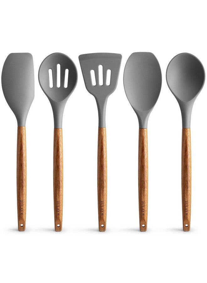 Zulay Kitchen Utensils Set Non-Stick Silicone Cooking Utensils Set with Authentic Acacia Wood Handles - 5 Piece Silicone Utensil Set - Silicone Kitchen Utensils Set with 464°F Heat Resistance - Gray - Image 1