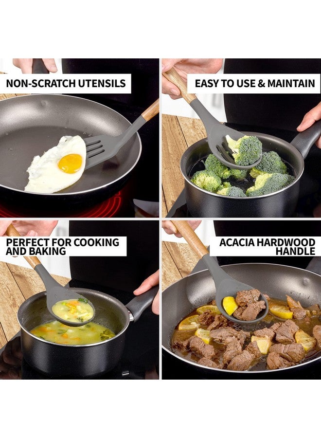 Zulay Kitchen Utensils Set Non-Stick Silicone Cooking Utensils Set with Authentic Acacia Wood Handles - 5 Piece Silicone Utensil Set - Silicone Kitchen Utensils Set with 464°F Heat Resistance - Gray - Image 3