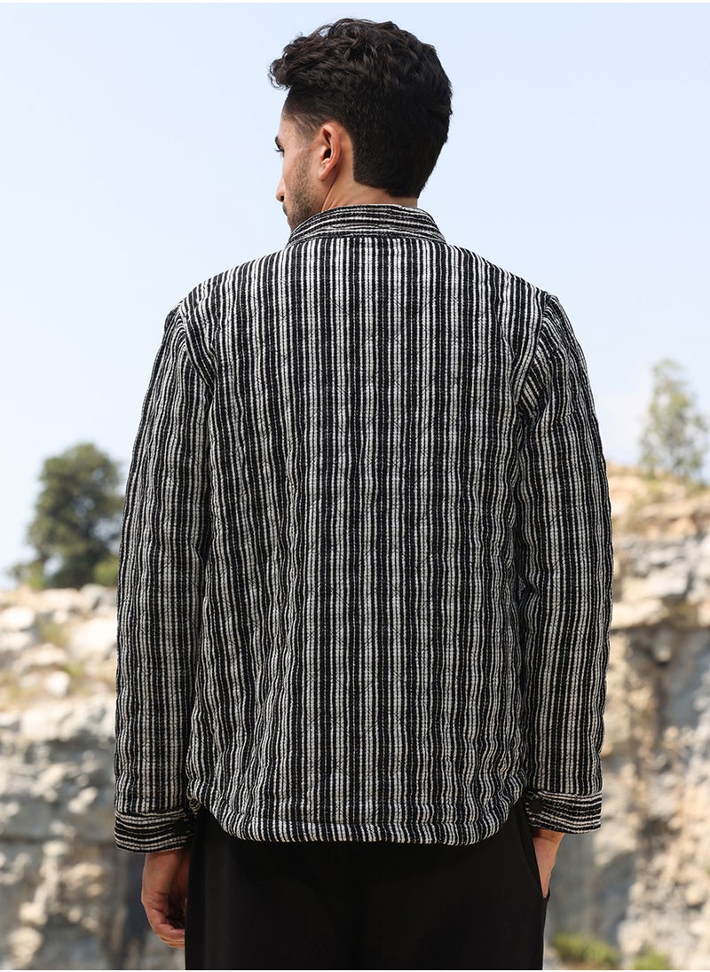 كامبوس سوترا Men's Carbon Black & Chalk White Multitrack Striped Quilted Jacket  - Image 5
