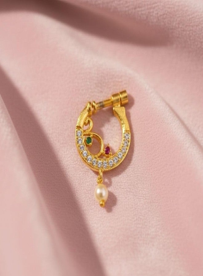 ZEELLO Gold Plated CZ Nose Ring for Girls & Women | Maharashtrian Style Nath with Pearl Drop | Wedding Jewellery - Image 3