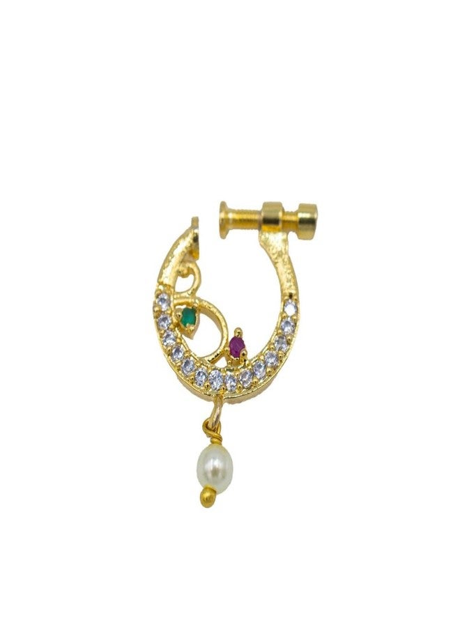 ZEELLO Gold Plated CZ Nose Ring for Girls & Women | Maharashtrian Style Nath with Pearl Drop | Wedding Jewellery - Image 1