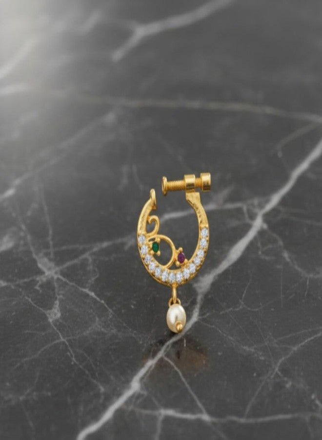 ZEELLO Gold Plated CZ Nose Ring for Girls & Women | Maharashtrian Style Nath with Pearl Drop | Wedding Jewellery - Image 2
